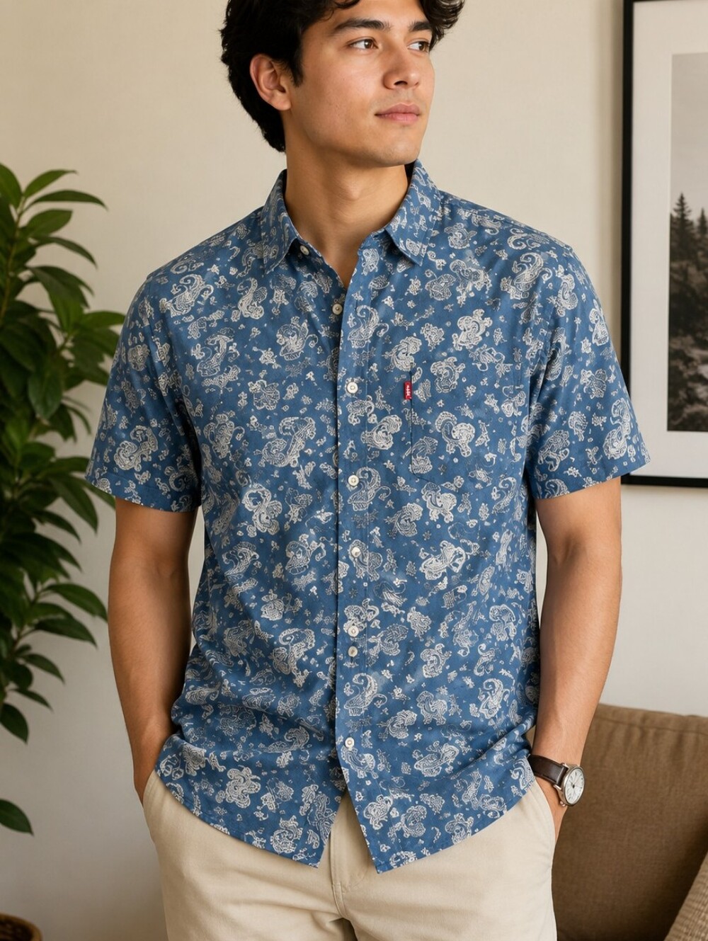 Levi's Mens blue paisley short-sleeve button-up shirt, Medium,summer cloth